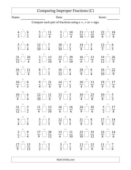 The Comparing Improper Fractions to Twelfths (No Sevenths; No Elevenths) (C) Math Worksheet