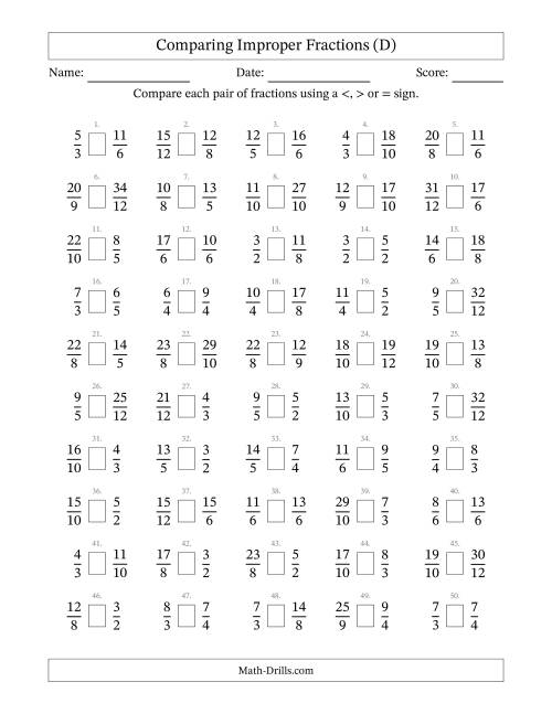 The Comparing Improper Fractions to Twelfths (No Sevenths; No Elevenths) (D) Math Worksheet
