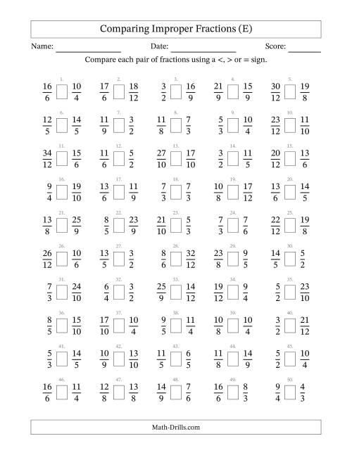 The Comparing Improper Fractions to Twelfths (No Sevenths; No Elevenths) (E) Math Worksheet