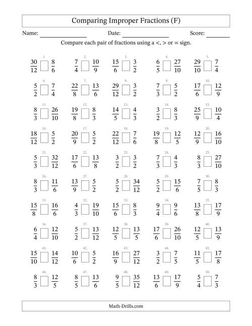 The Comparing Improper Fractions to Twelfths (No Sevenths; No Elevenths) (F) Math Worksheet