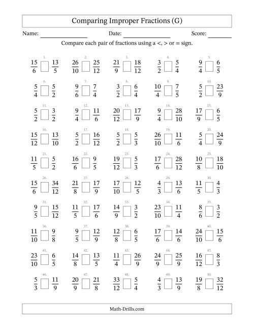 The Comparing Improper Fractions to Twelfths (No Sevenths; No Elevenths) (G) Math Worksheet