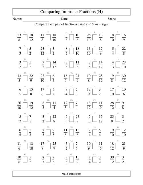 The Comparing Improper Fractions to Twelfths (No Sevenths; No Elevenths) (H) Math Worksheet