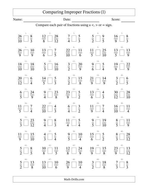 The Comparing Improper Fractions to Twelfths (No Sevenths; No Elevenths) (I) Math Worksheet