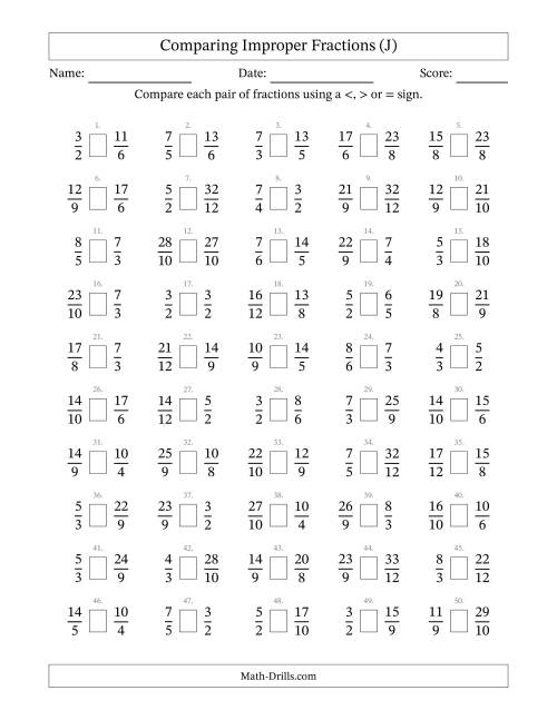 The Comparing Improper Fractions to Twelfths (No Sevenths; No Elevenths) (J) Math Worksheet