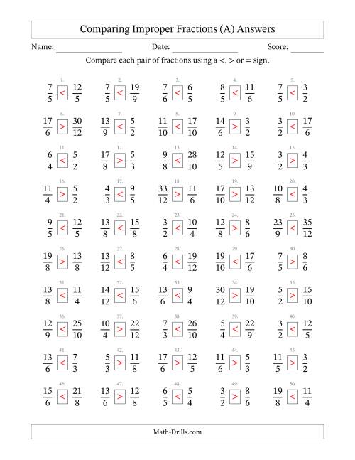 The Comparing Improper Fractions to Twelfths (No Sevenths; No Elevenths) (All) Math Worksheet Page 2