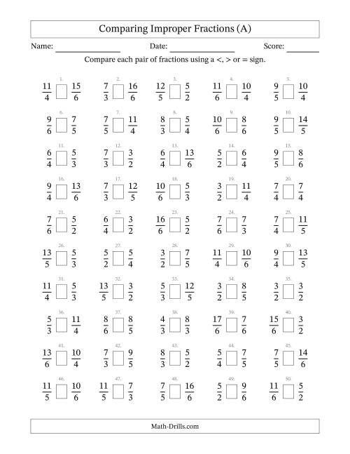 The Comparing Improper Fractions to Sixths (A) Math Worksheet