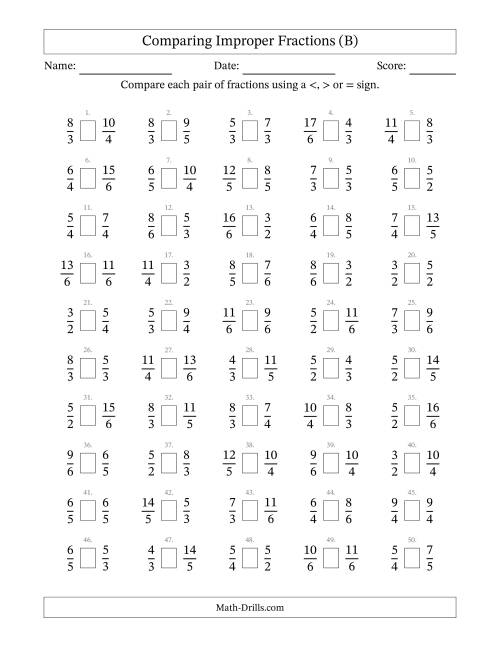 The Comparing Improper Fractions to Sixths (B) Math Worksheet
