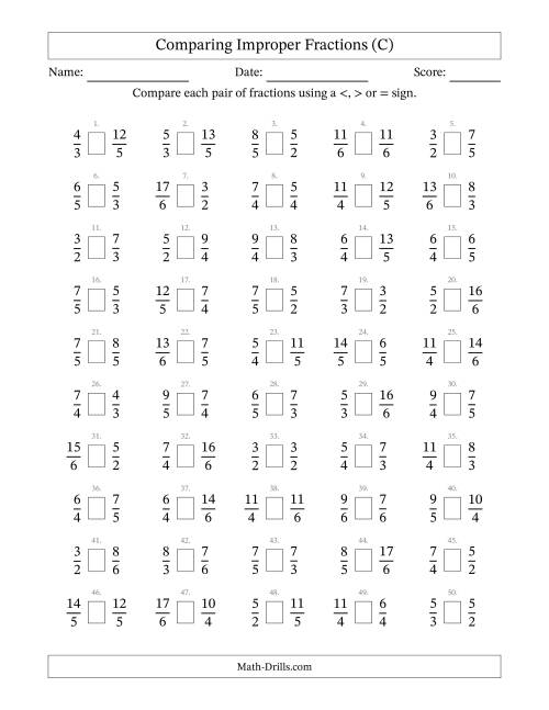The Comparing Improper Fractions to Sixths (C) Math Worksheet