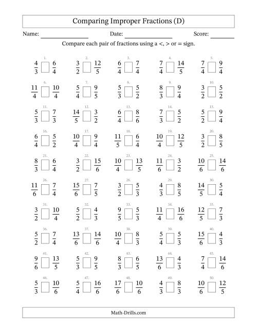 The Comparing Improper Fractions to Sixths (D) Math Worksheet