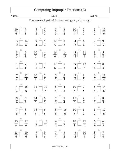 The Comparing Improper Fractions to Sixths (E) Math Worksheet
