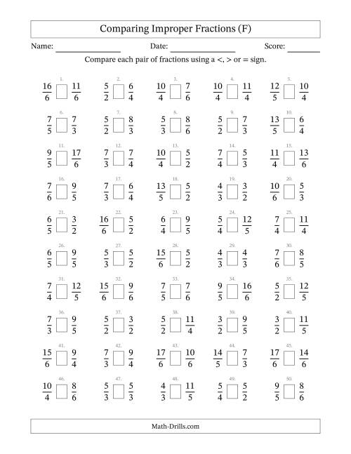 The Comparing Improper Fractions to Sixths (F) Math Worksheet