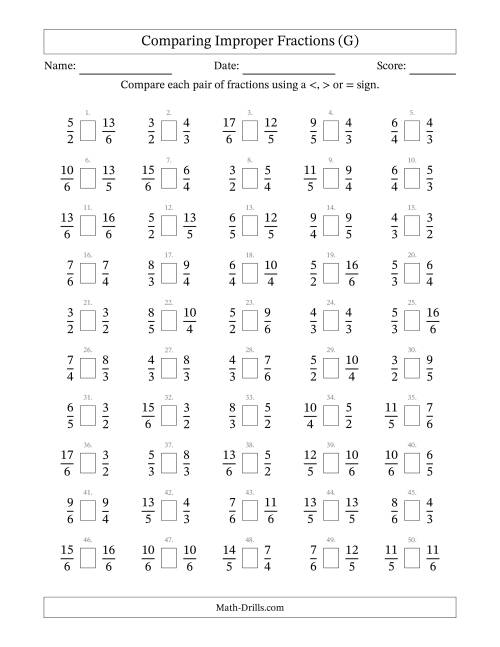 The Comparing Improper Fractions to Sixths (G) Math Worksheet