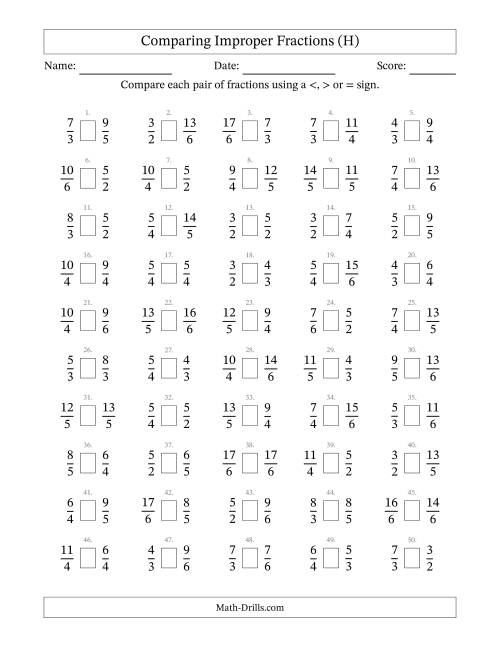 The Comparing Improper Fractions to Sixths (H) Math Worksheet