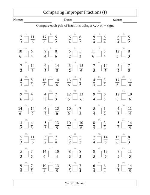 The Comparing Improper Fractions to Sixths (I) Math Worksheet