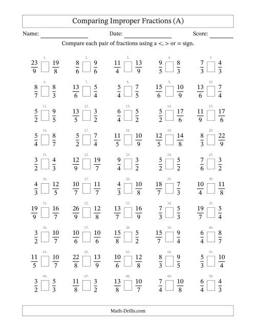 The Comparing Improper Fractions to Ninths (A) Math Worksheet