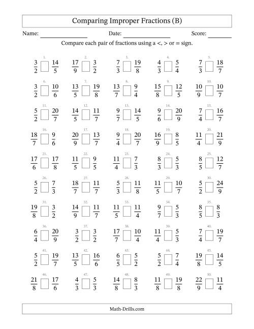The Comparing Improper Fractions to Ninths (B) Math Worksheet