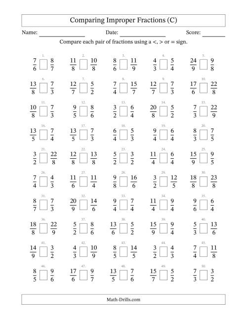 The Comparing Improper Fractions to Ninths (C) Math Worksheet