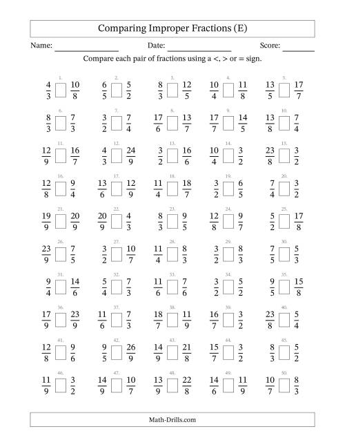 The Comparing Improper Fractions to Ninths (E) Math Worksheet