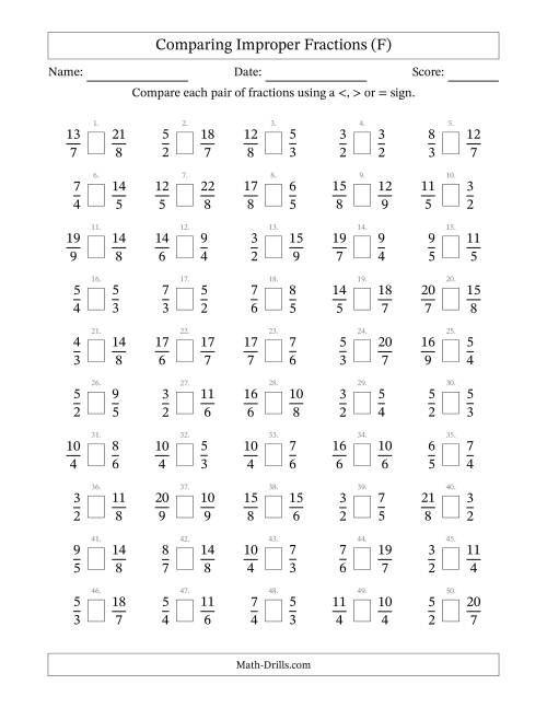 The Comparing Improper Fractions to Ninths (F) Math Worksheet