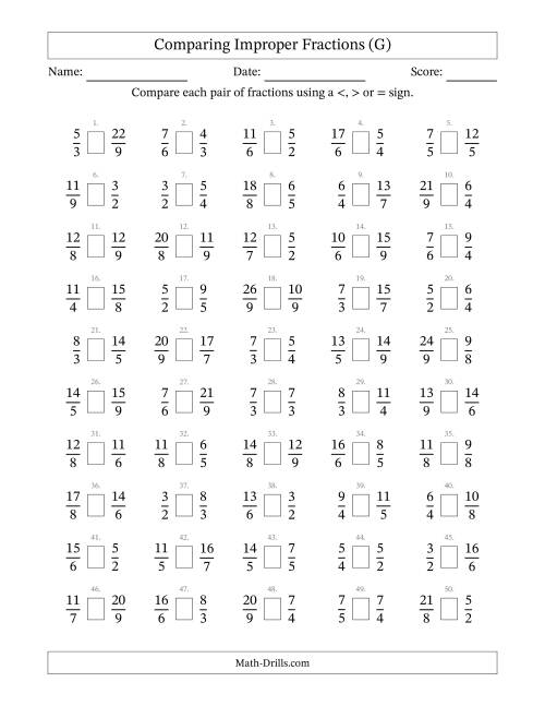 The Comparing Improper Fractions to Ninths (G) Math Worksheet