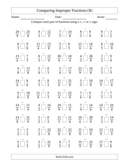 The Comparing Improper Fractions to Ninths (No Sevenths) (B) Math Worksheet
