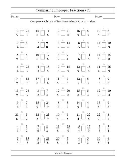 The Comparing Improper Fractions to Ninths (No Sevenths) (C) Math Worksheet