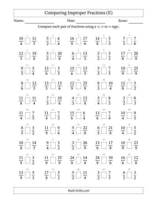 The Comparing Improper Fractions to Ninths (No Sevenths) (E) Math Worksheet