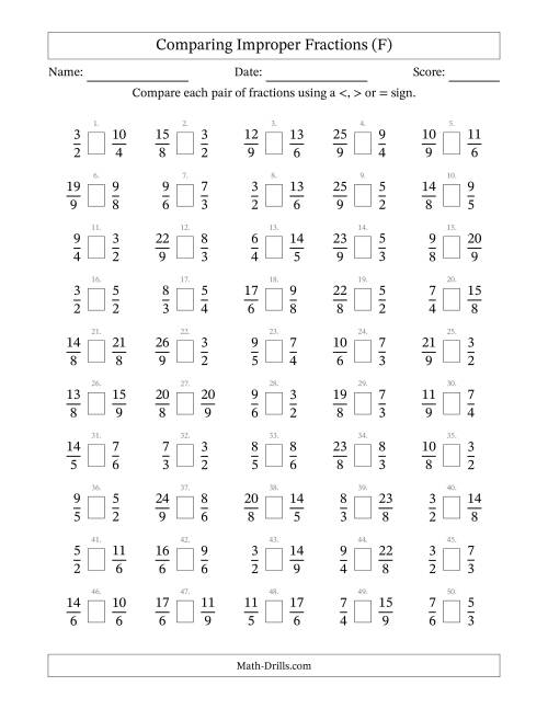 The Comparing Improper Fractions to Ninths (No Sevenths) (F) Math Worksheet