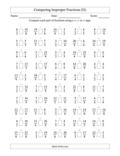 The Comparing Improper Fractions to Ninths (No Sevenths) (H) Math Worksheet
