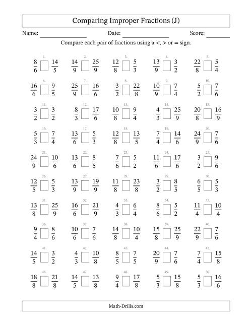 The Comparing Improper Fractions to Ninths (No Sevenths) (J) Math Worksheet
