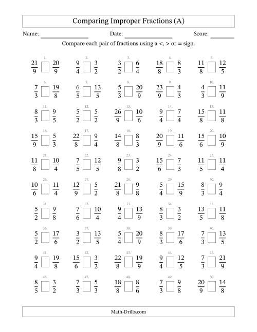 The Comparing Improper Fractions to Ninths (No Sevenths) (All) Math Worksheet
