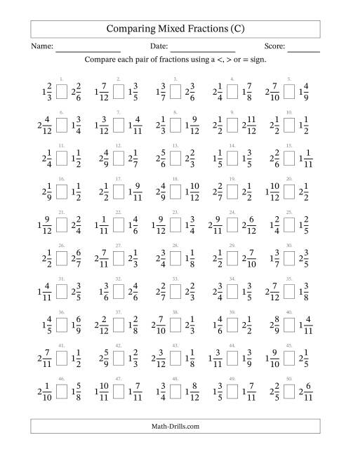 The Comparing Mixed Fractions to Twelfths (C) Math Worksheet
