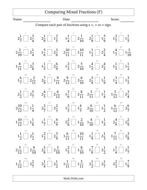 The Comparing Mixed Fractions to Twelfths (F) Math Worksheet