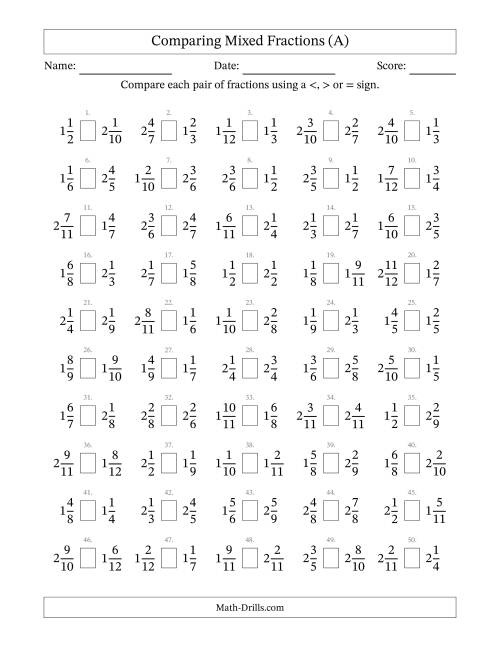 The Comparing Mixed Fractions to Twelfths (All) Math Worksheet