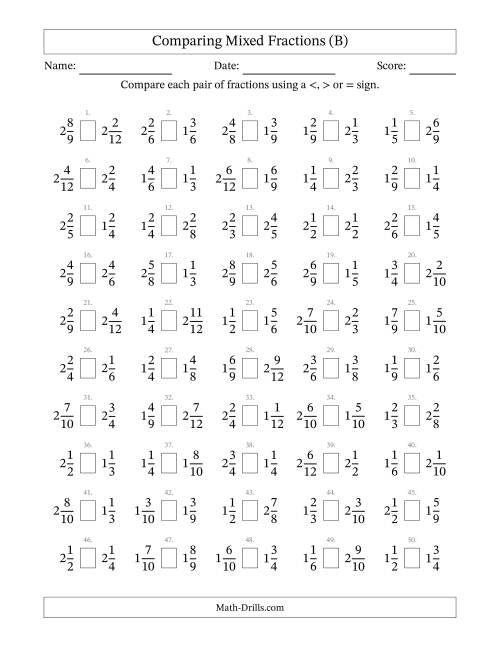 The Comparing Mixed Fractions to Twelfths (No Sevenths; No Elevenths) (B) Math Worksheet