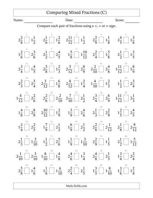 The Comparing Mixed Fractions to Twelfths (No Sevenths; No Elevenths) (C) Math Worksheet