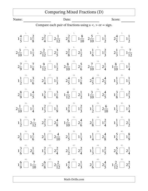 The Comparing Mixed Fractions to Twelfths (No Sevenths; No Elevenths) (D) Math Worksheet