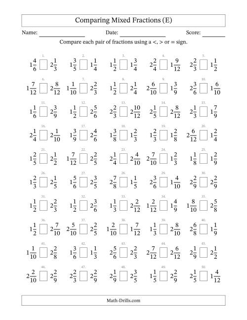 The Comparing Mixed Fractions to Twelfths (No Sevenths; No Elevenths) (E) Math Worksheet