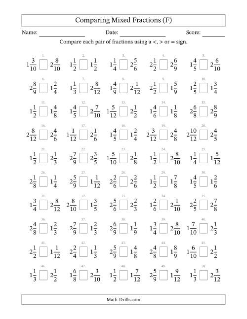 The Comparing Mixed Fractions to Twelfths (No Sevenths; No Elevenths) (F) Math Worksheet