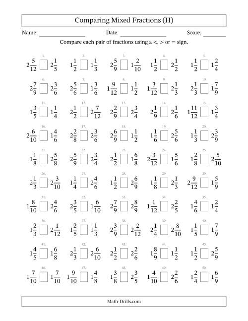The Comparing Mixed Fractions to Twelfths (No Sevenths; No Elevenths) (H) Math Worksheet