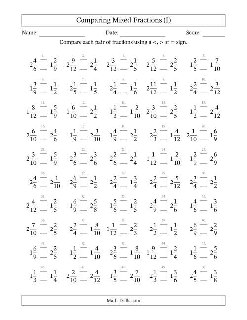 The Comparing Mixed Fractions to Twelfths (No Sevenths; No Elevenths) (I) Math Worksheet