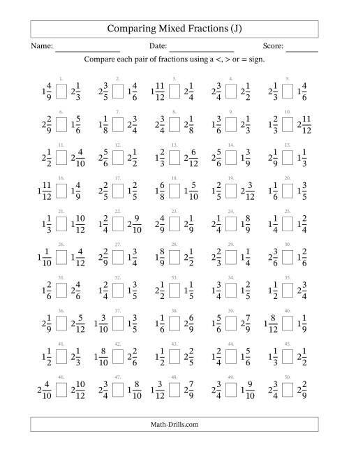 The Comparing Mixed Fractions to Twelfths (No Sevenths; No Elevenths) (J) Math Worksheet