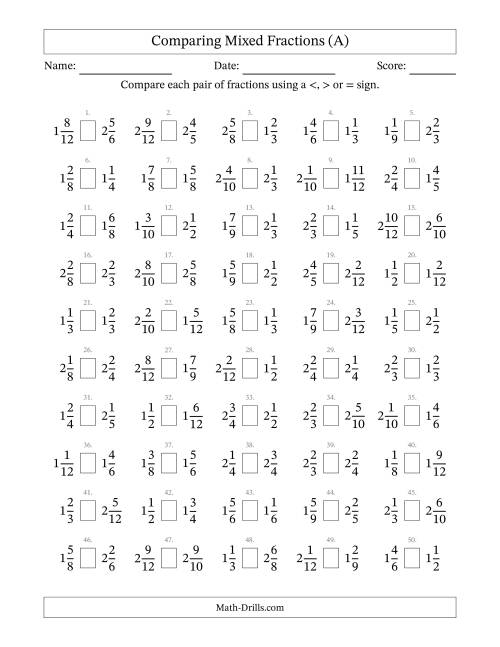 The Comparing Mixed Fractions to Twelfths (No Sevenths; No Elevenths) (All) Math Worksheet