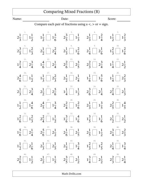 The Comparing Mixed Fractions to Sixths (B) Math Worksheet