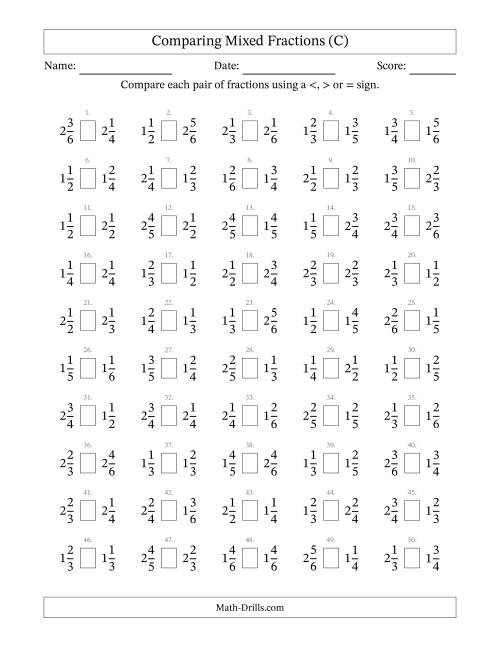 The Comparing Mixed Fractions to Sixths (C) Math Worksheet