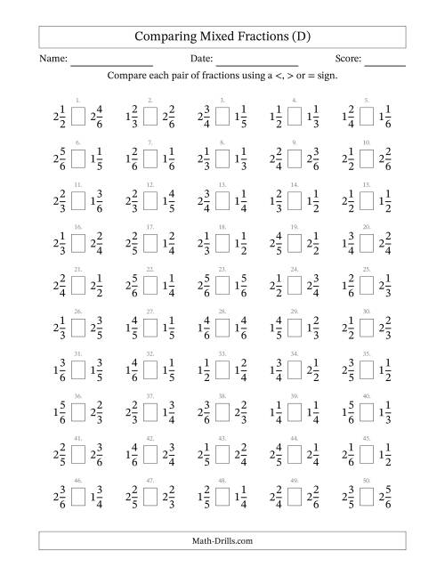 The Comparing Mixed Fractions to Sixths (D) Math Worksheet