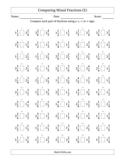 The Comparing Mixed Fractions to Sixths (E) Math Worksheet