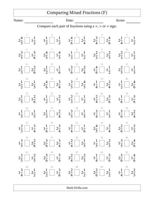 The Comparing Mixed Fractions to Sixths (F) Math Worksheet
