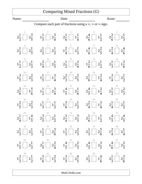 The Comparing Mixed Fractions to Sixths (G) Math Worksheet