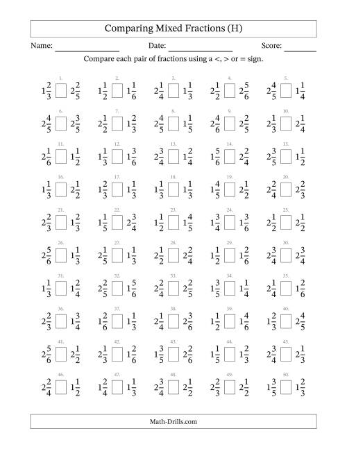 The Comparing Mixed Fractions to Sixths (H) Math Worksheet